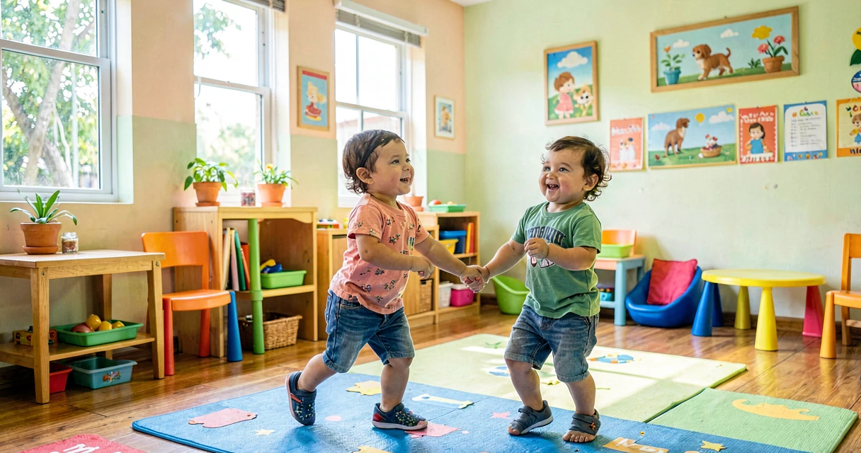 plano de aula movimento em dupla: bebês da creche de mãos dadas balançando ao som de música