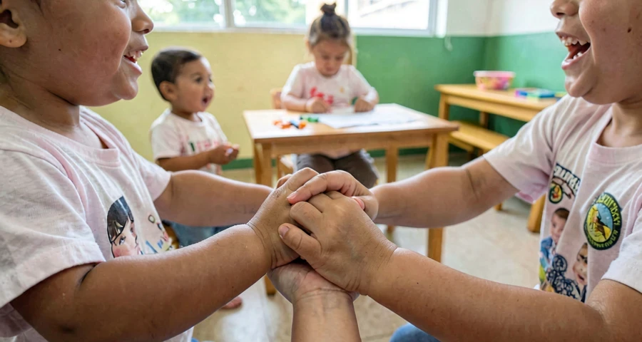 mãos de bebês entrelaçadas durante atividade de movimento compartilhado na creche