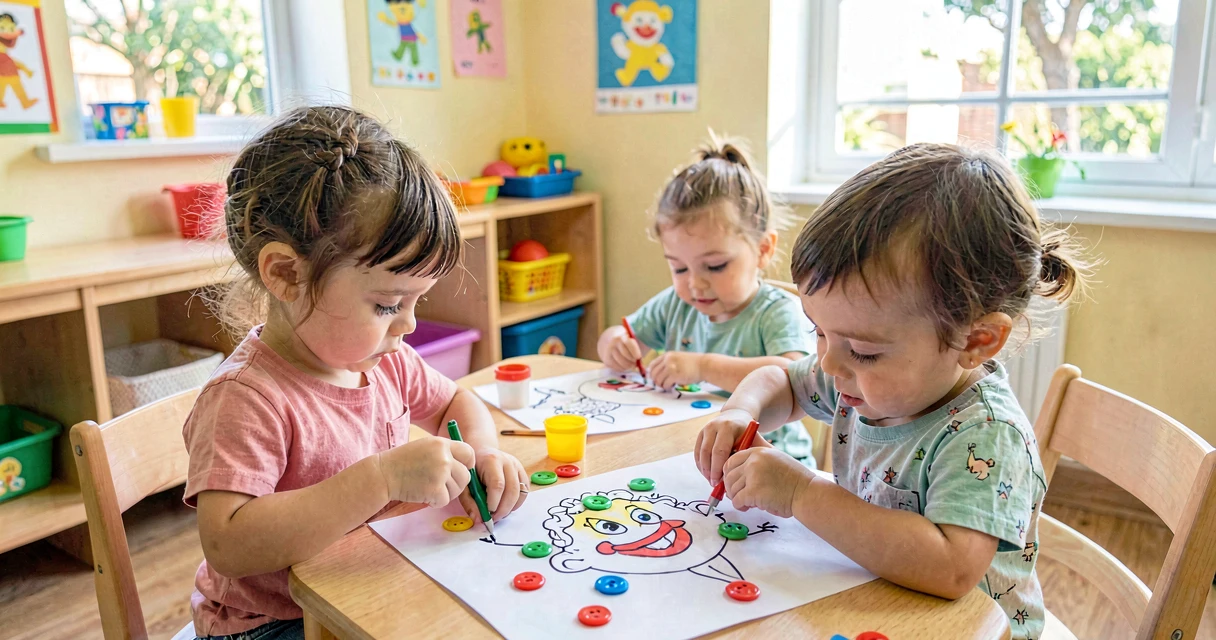 plano de aula palhaço de botões: crianças da creche colando botões em desenho de palhaço