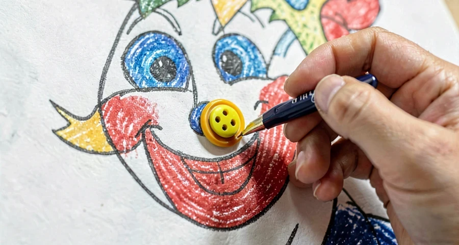 criança da creche colando botões em desenho de palhaço em atividade artística na creche
