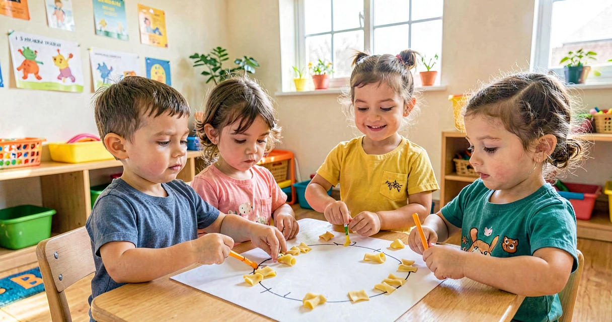 plano de aula colar de macarrão: crianças da creche colando macarrão em desenho de colar