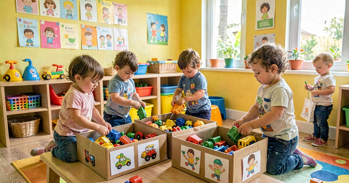 plano de aula guardando brinquedos por categoria: crianças da creche organizando brinquedos em caixas