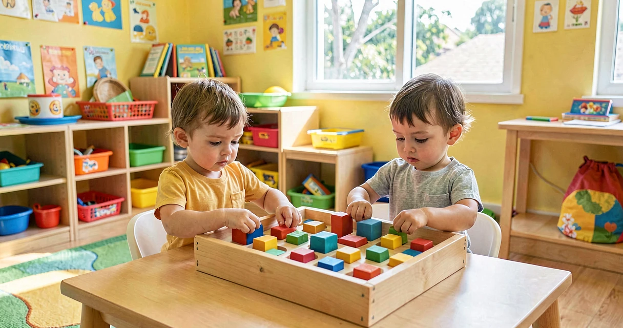 plano de aula blocos no buraco certo: crianças da creche encaixando blocos por tamanho em caixa