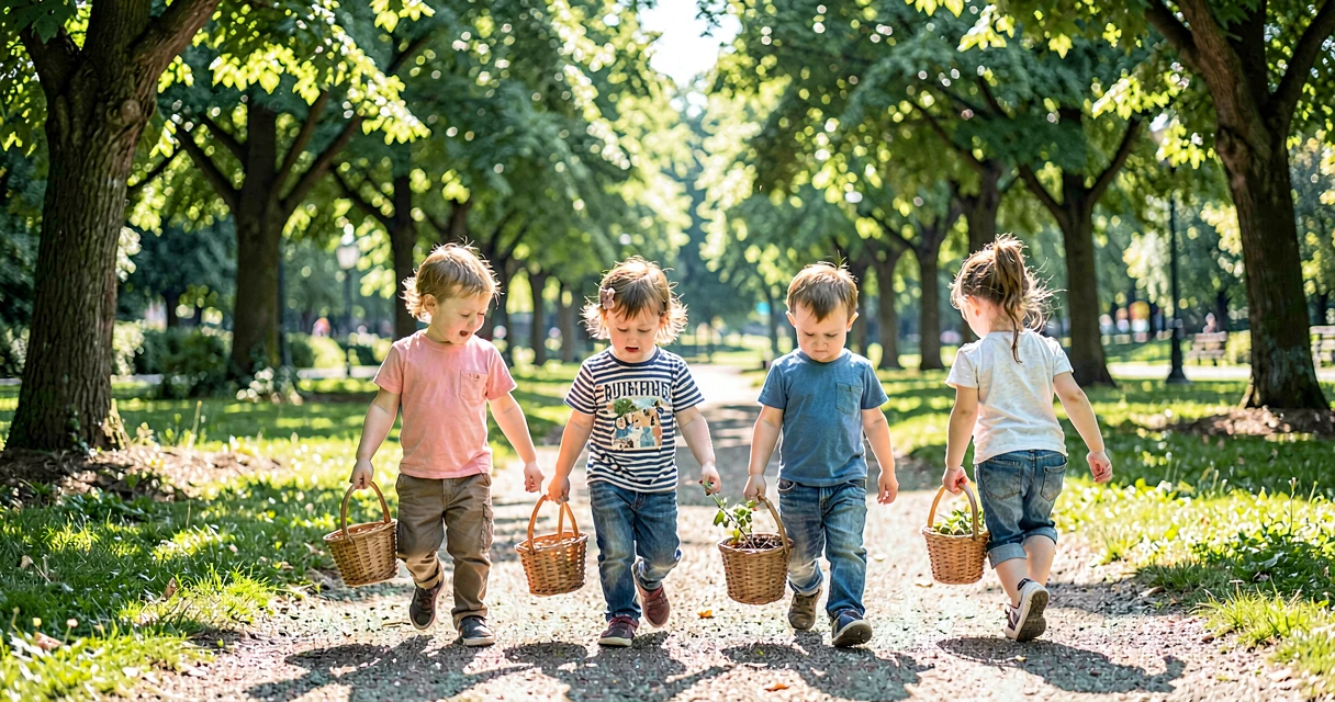plano de aula tesourinhos do parque: crianças da creche coletando itens em passeio