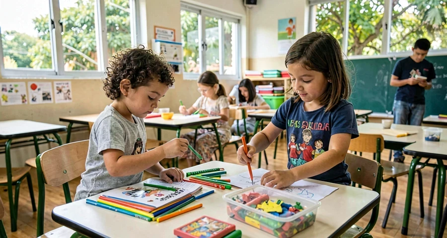 criança da creche organizando coleção conjunta com itens coletados no parque