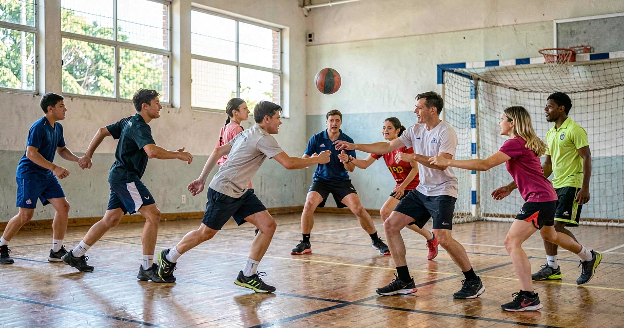 handebol 8º ano: alunos em quadra executando fundamentos de handebol durante aula de educação física