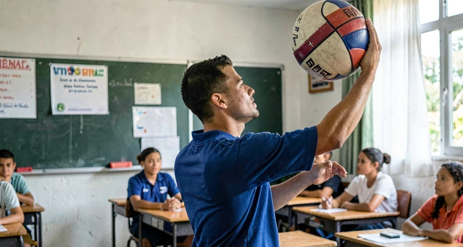 fundamentos de handebol: aluno demonstrando posição de mãos e braço durante passe de ombro com bola de handebol