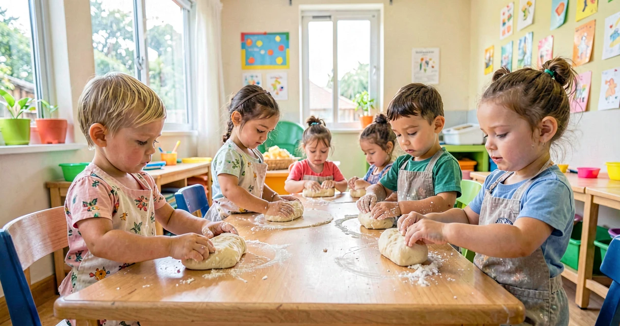 plano de aula profissões do bairro: crianças da creche imitando gesto de padeiro