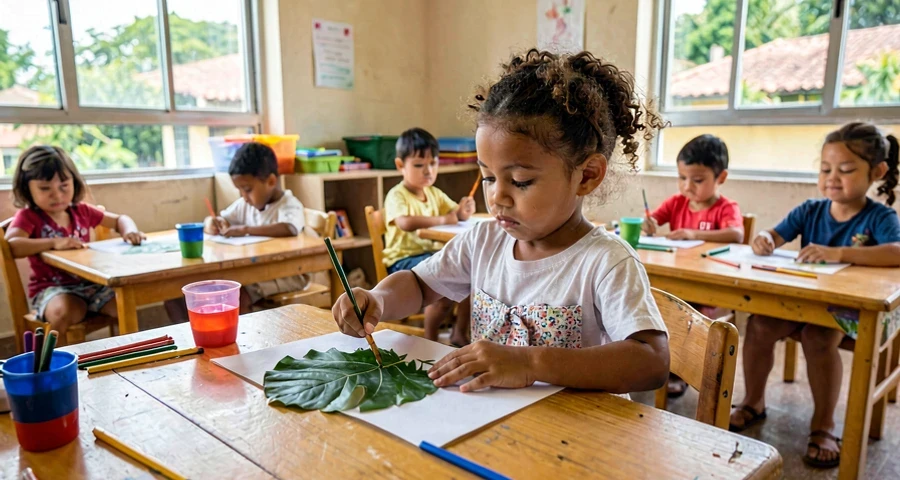 criança da creche desenhando inspirada por folha natural na atividade