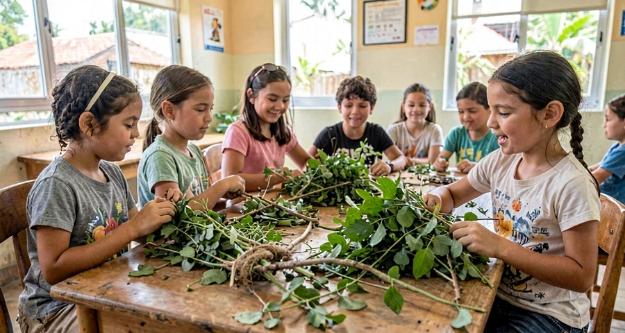 folhas e galhos naturais usados como inspiração artística na creche