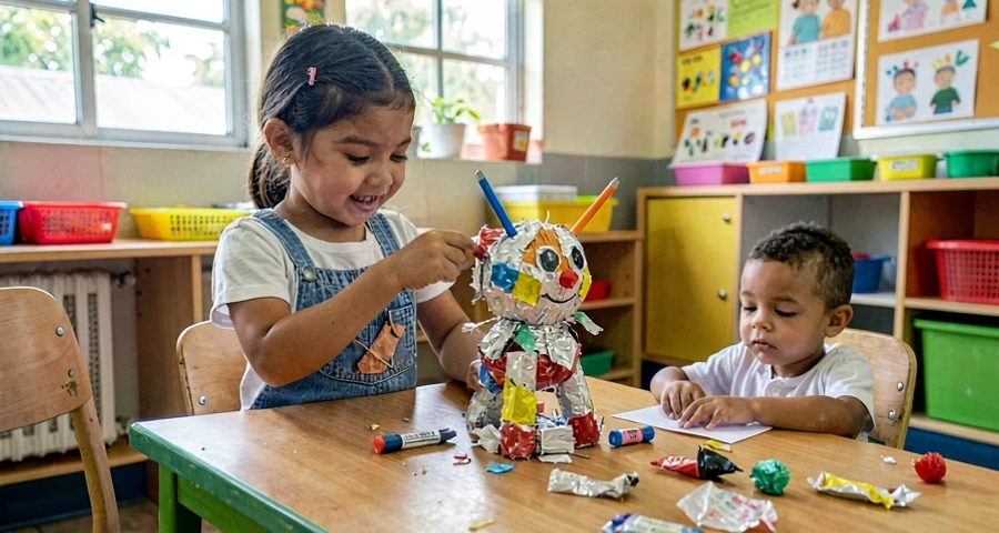 criança da creche decorando brinquedo feito com materiais recicláveis