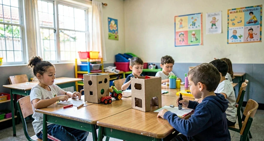 materiais recicláveis usados para construir brinquedos na creche