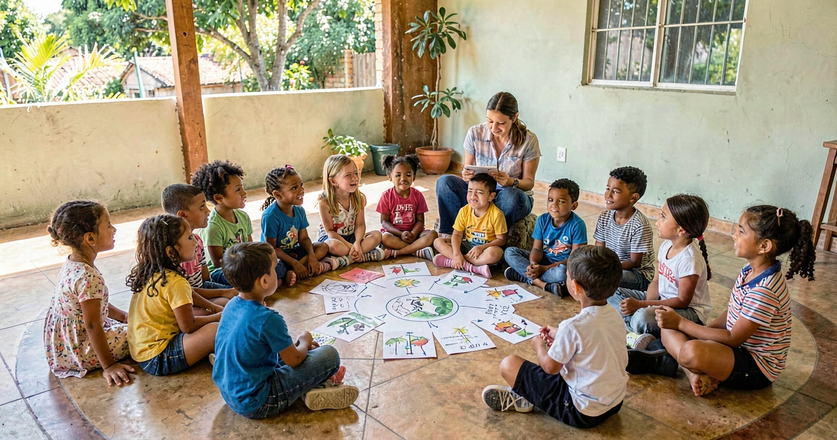 plano de aula novo final de história: crianças da pré-escola criando final alternativo em roda