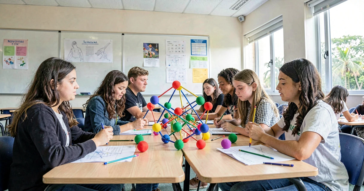 plano de aula estrutura do átomo: alunos do 9º ano montando modelo de átomo com bolinhas coloridas