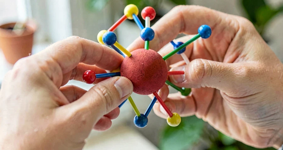 montagem do núcleo do átomo com bolinhas coloridas representando prótons e nêutrons