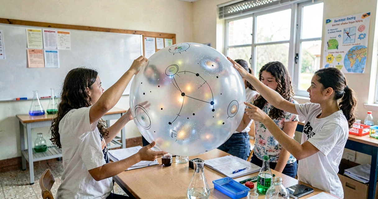 plano de aula big bang: alunos do 9º ano inflando balão com pontos representando galáxias