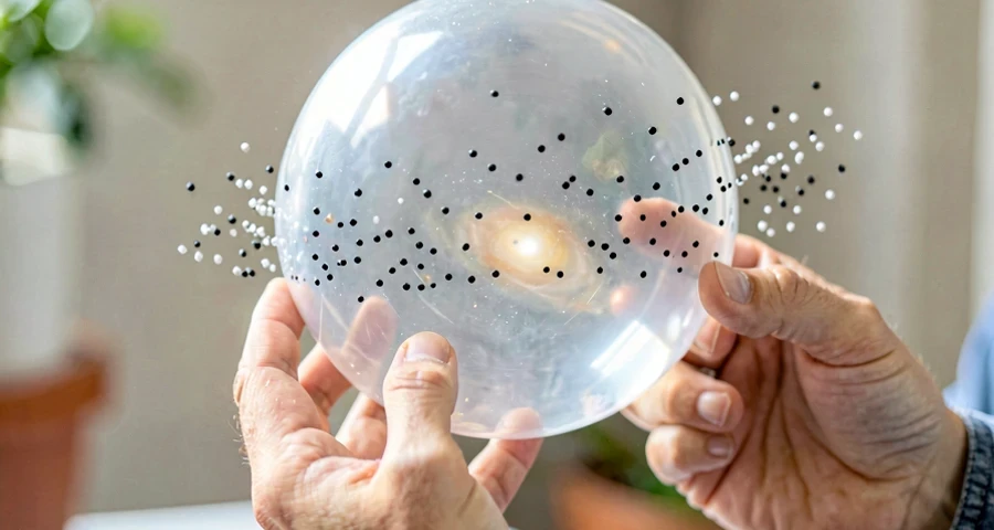 balão sendo inflado com pontos marcados se afastando em experimento sobre expansão do universo