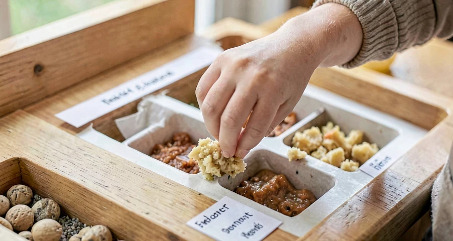criança classificando alimento conforme sua origem em atividade na pré-escola