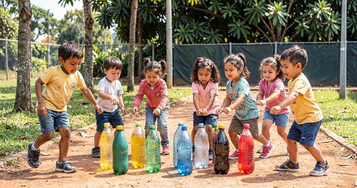 plano de aula boliche reciclável: crianças da pré-escola jogando boliche com garrafas pet