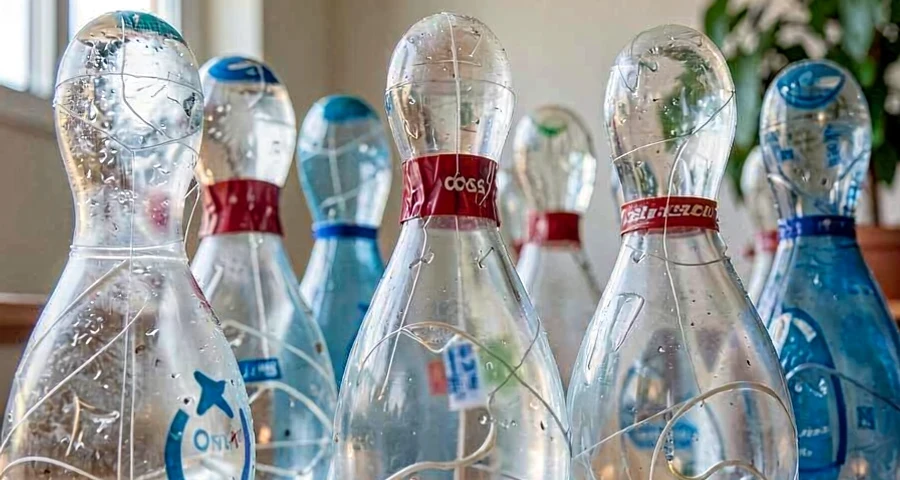 garrafas pet recicladas organizadas como pinos de boliche na pré-escola
