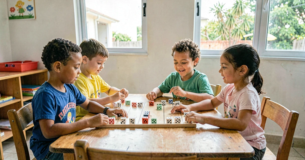 plano de aula jogo com dados: crianças da pré-escola jogando jogo de tabuleiro com dados