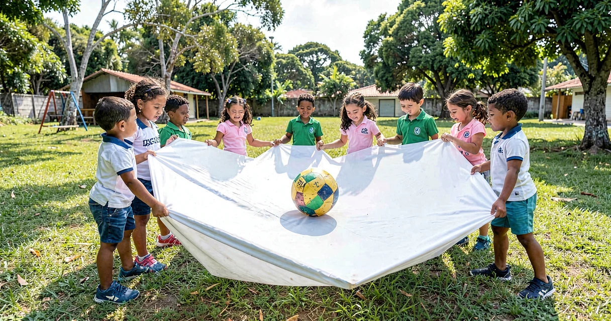 plano de aula volençol: crianças da pré-escola segurando lençol em jogo cooperativo