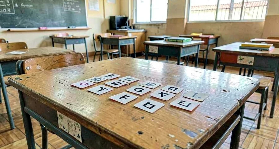 cartões de memória com letras do alfabeto: visão aproximada de pares de cartas dispostas sobre mesa de sala de aula