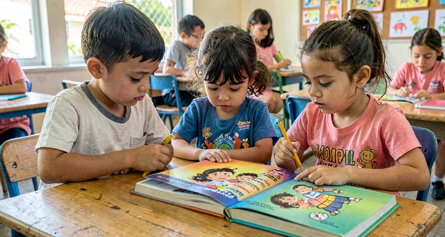 crianças da creche observando capa de livro conhecido durante atividade de memória