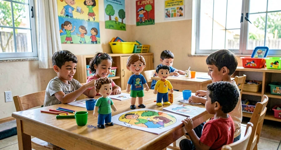 fantoches de personagens usados em atividade de reconto de história na creche