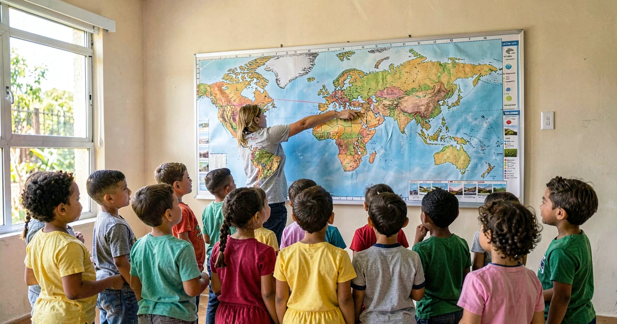 plano de aula localizando o brasil: crianças da pré-escola observando mapa-múndi