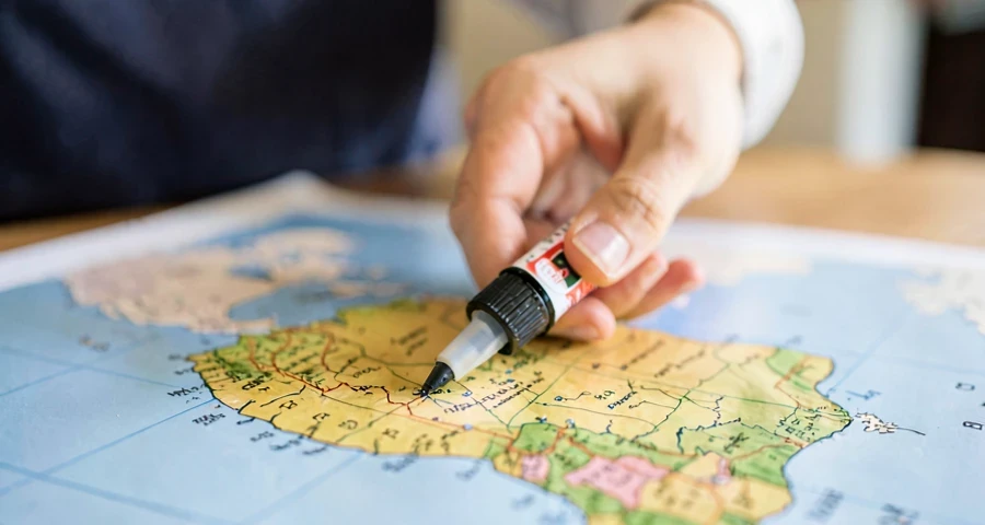 criança marcando a localização do brasil no mapa-múndi com adesivo