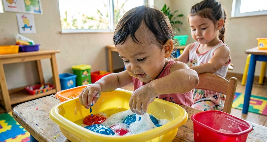 mão de bebê misturando espuma colorida em atividade sensorial na creche