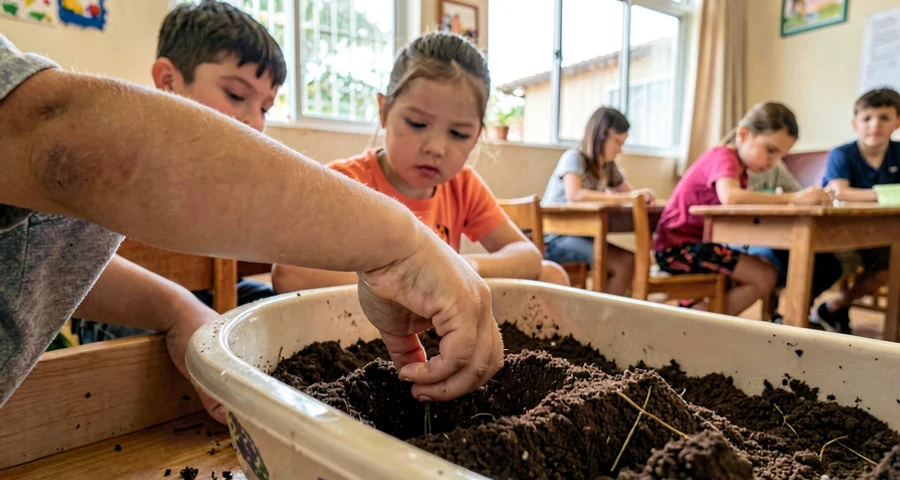 mão de bebê explorando terra em atividade sensorial na creche
