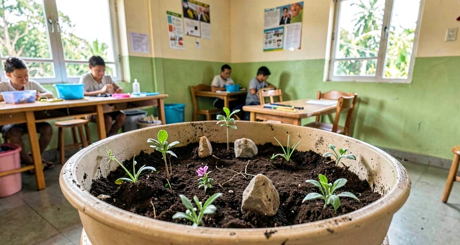 bacia com terra e pequenos elementos naturais usados em atividade na creche