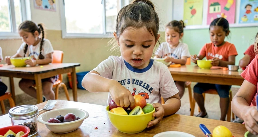 criança da creche colocando fruta em tigela durante atividade culinária