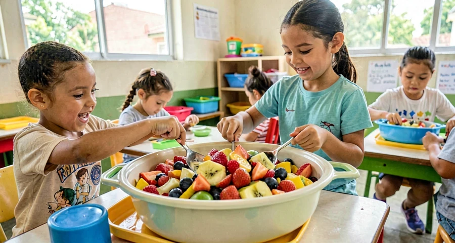 tigela com salada de frutas colorida preparada em atividade na creche