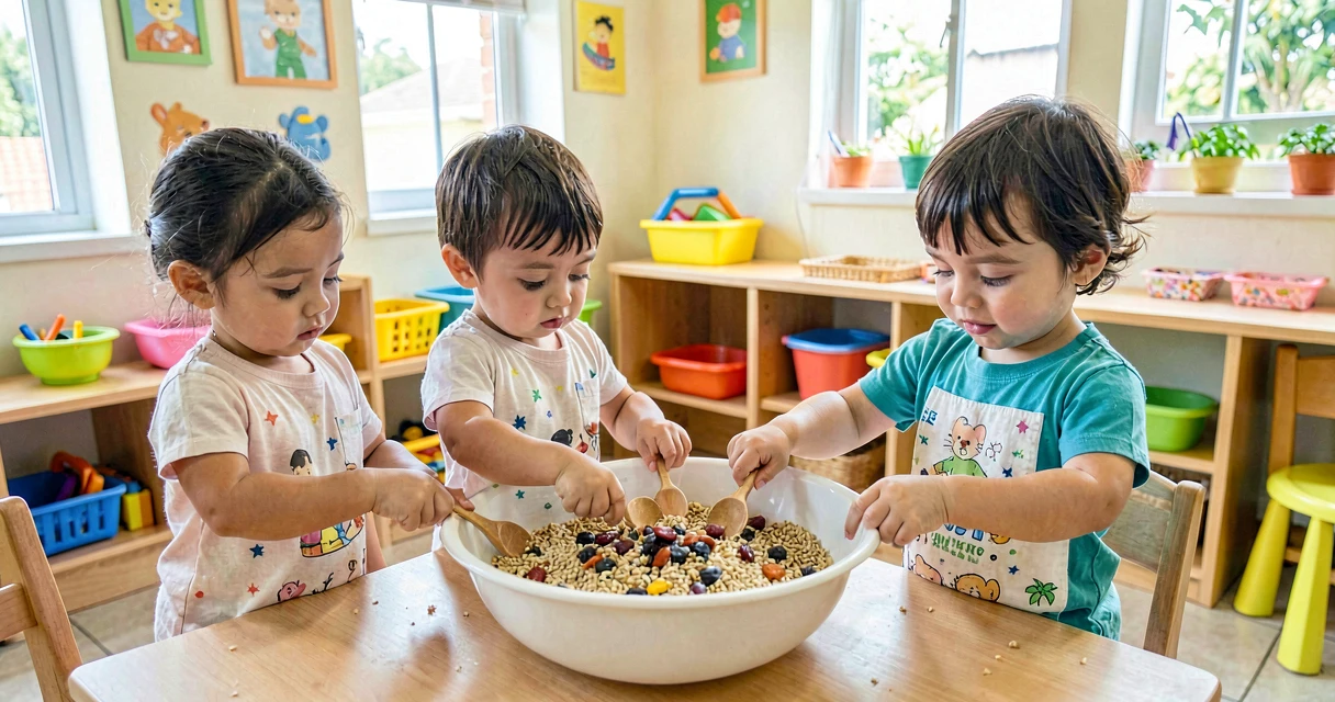 plano de aula mix de cereais: crianças da creche misturando cereais e frutas secas em tigela