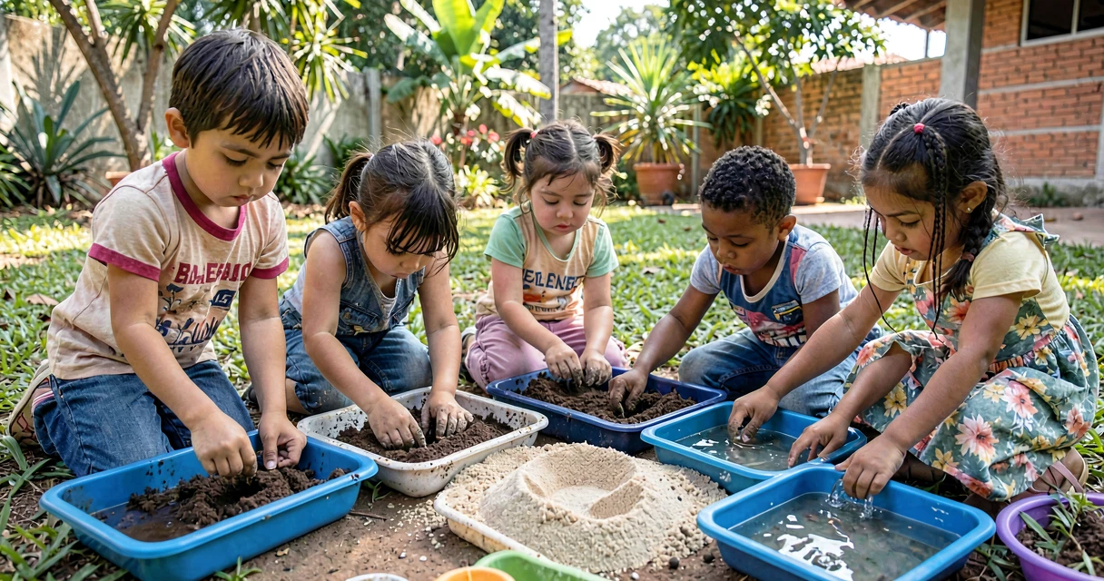 plano de aula terra areia e água: crianças da pré-escola explorando materiais sensoriais