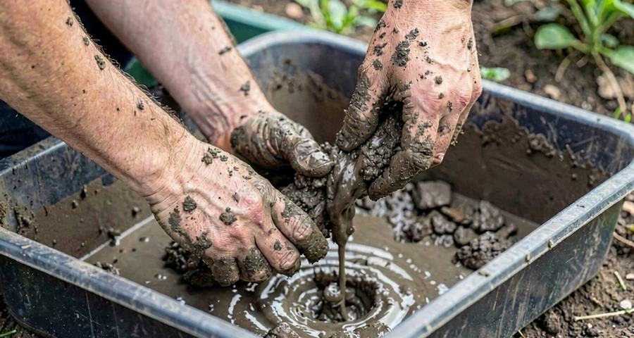 mãos misturando terra com água formando lama em atividade sensorial