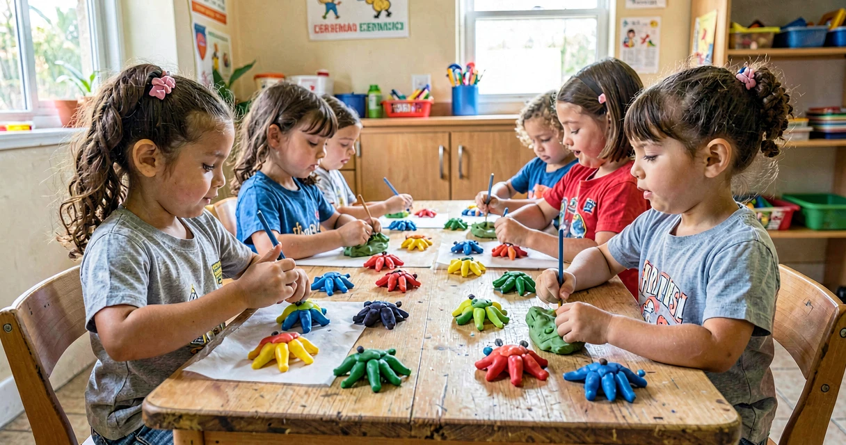 plano de aula escultura de insetos: crianças da pré-escola modelando insetos com massinha