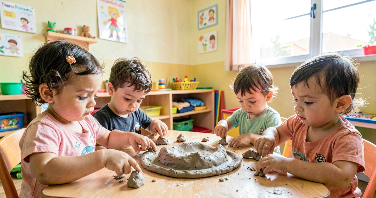plano de aula argila macia: bebês da creche moldando argila natural com as mãos