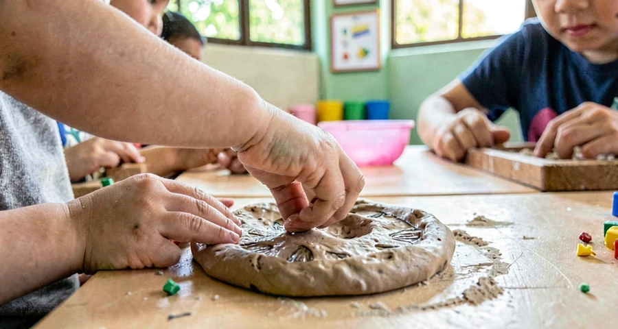 dedo de bebê deixando marca em argila macia durante atividade na creche