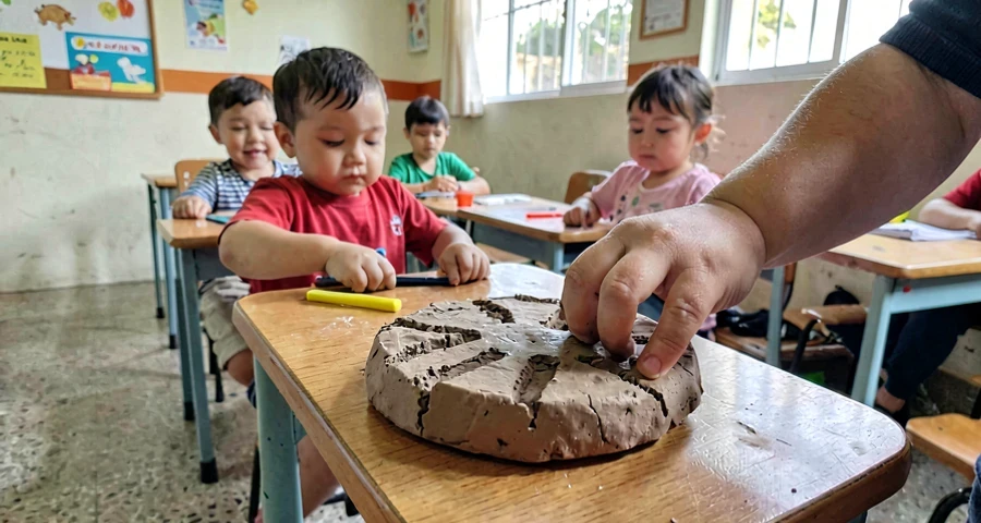 pedaço de argila com marcas de dedos feitas por bebês na creche