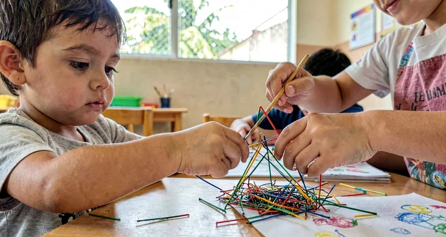 mãos de criança moldando arame colorido em atividade artística na creche
