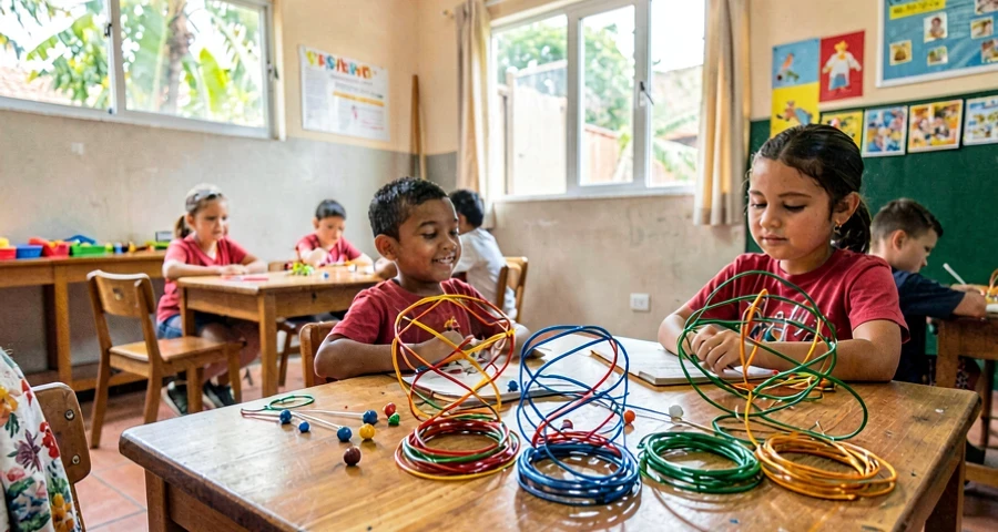 formas de arame colorido com contas criadas em atividade na creche