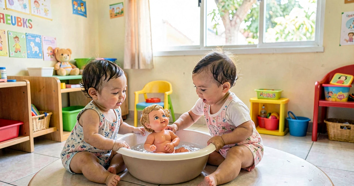 plano de aula banho de boneco: bebês da creche dando banho de mentira em brinquedo