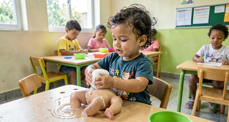 bebê lavando boneco com esponja durante atividade de faz de conta na creche