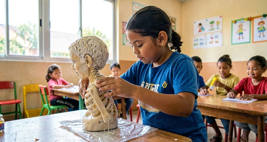 boneco sendo enxugado em atividade de cuidado simbólico na creche