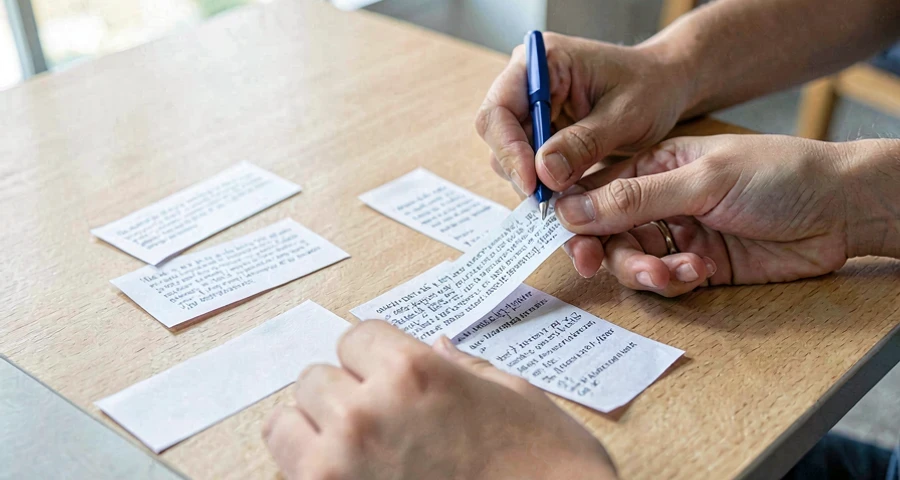 tiras de papel com trechos de conto sendo reorganizadas em ordem narrativa