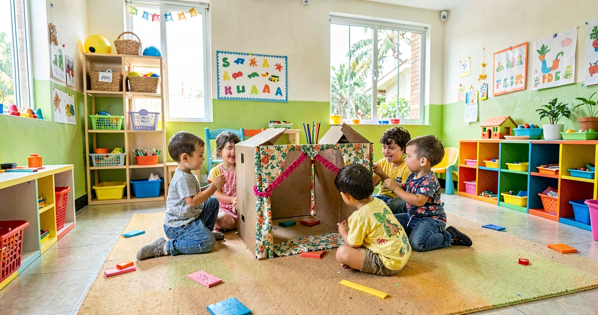 plano de aula cenário de faz de conta: crianças da creche construindo cenário coletivo